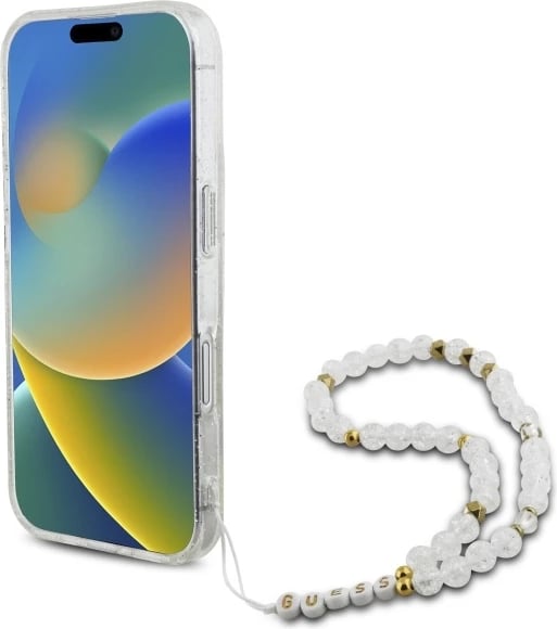 Mbështjellës Guess IML Glitter me rrip perlash MagSafe për iPhone 16 Plus, Transparent