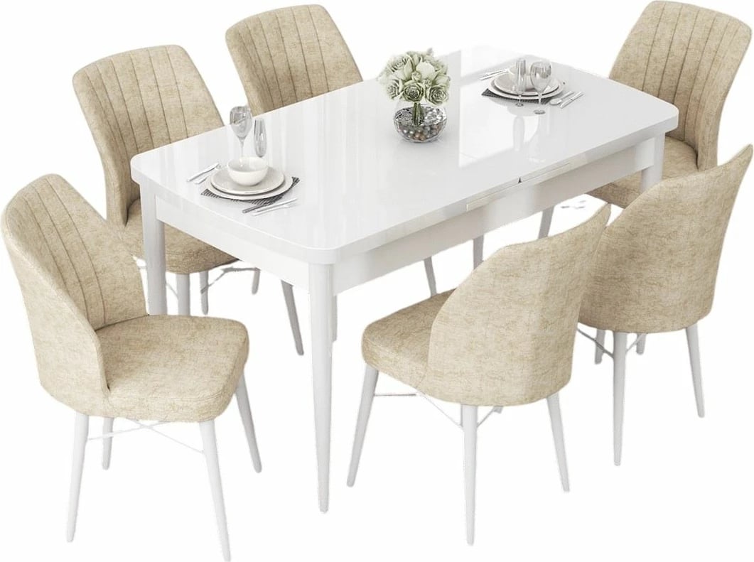 Tavolinë me karrige për ngrënie, e zgjatshme, 7 copë, ngjyrë e bardhë dhe krem, Skye Decor, Nef