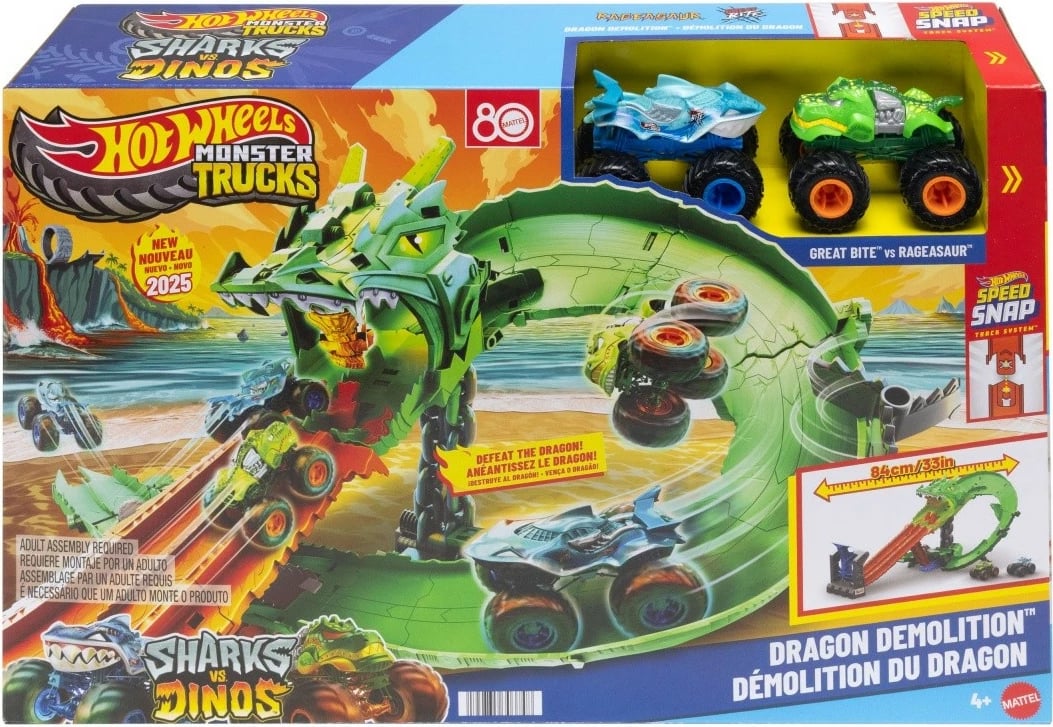Set lodrash Monster Trucks Hot Wheels JFR06, Great Bite + Rageasaur, shumëngjyrësh