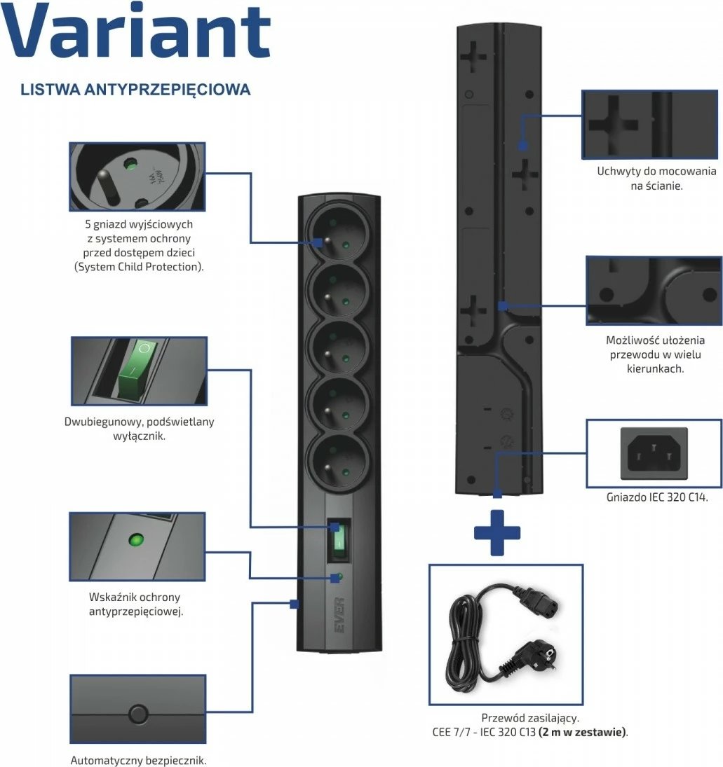 Listë mbrojtëse EVER VARIANT, 5 prizë, kabllo 2m, e zezë