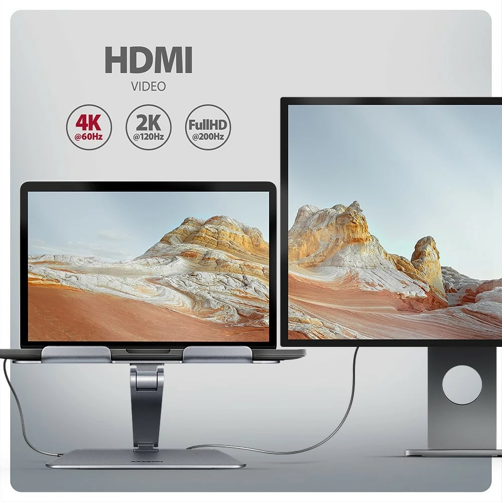 Mbajtës me hub 7-në-1 AXAGON HMC-STND, për laptop 10"-16", alumini, 3x USB-A, HDMI 4K, RJ-45, PD 100W, argjendtë