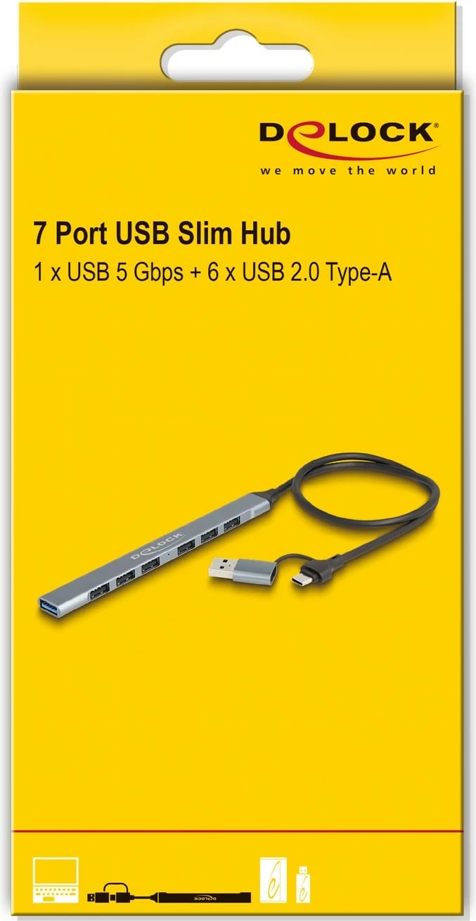 USB hub DeLOCK 7 porta, Type-C/Type-A, 5Gbps, metalik, gri