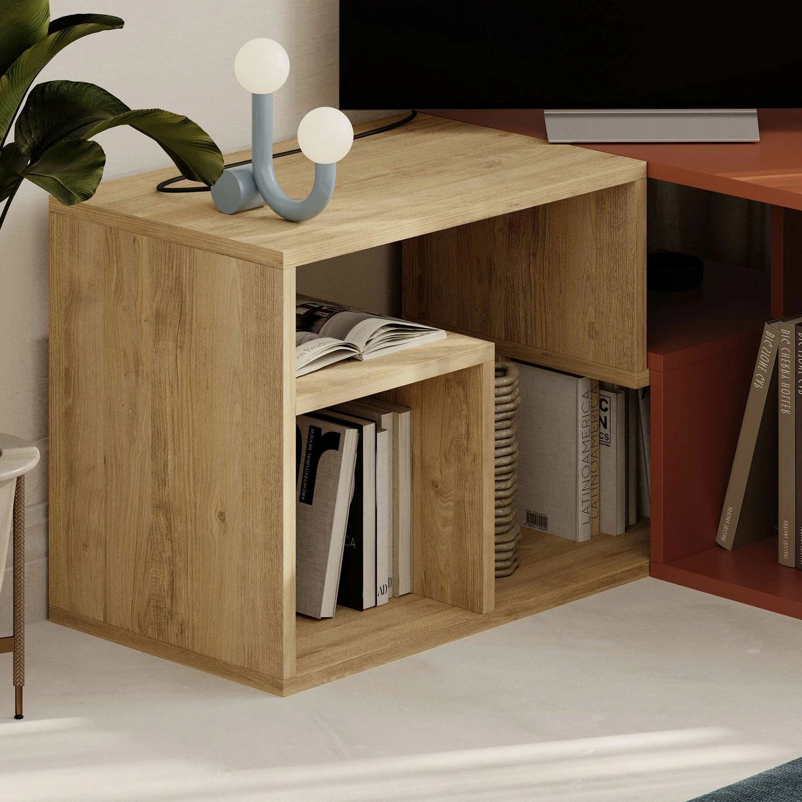 Komodë TV Skye Decor, ngjyrë Sapphire Oak dhe Cinnamon