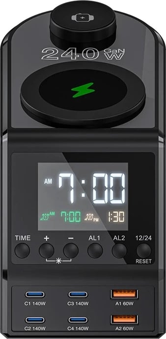 Orë alarmi me karikues 10‑në‑1, BlitzWolf BW-FW10, 4x USB-C + 2x USB-A, 2 karikim pa tela (telefon 15W + smartwatch 5W), PD 3.1 deri 240W, e zezë