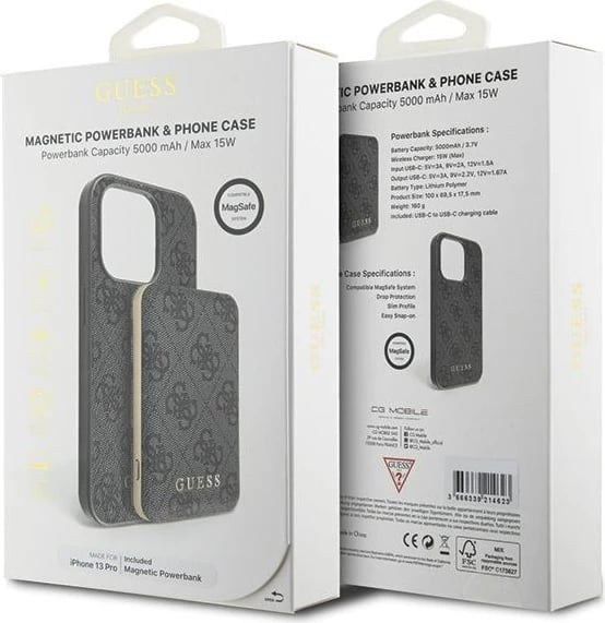 Mbështjellës Guess 4G Metal Logo me powerbank MagSafe 5000mAh për iPhone 13 Pro, Zi, Set