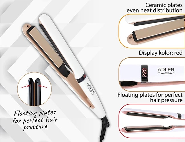 drejtues flokësh, Adler, AD 2321, pllaka qeramike, 5 temperatura 140-220°C, ekran LCD, pllaka 10x2.5cm, kabllo rrotulluese 360°, e bardhë perle