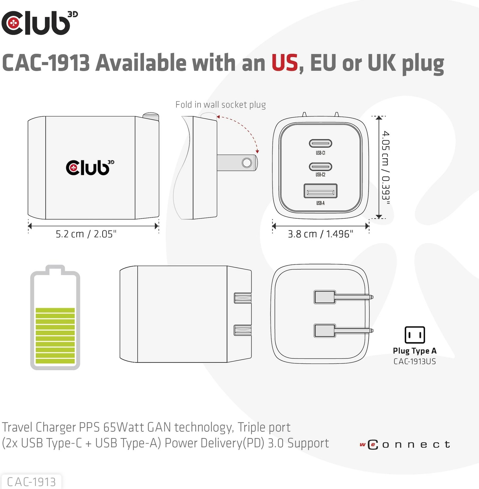 Karikues Club3D CAC-1913EU, 2xUSB Type-C, 1xUSB Type-A, PD 65W, GaN, i zi