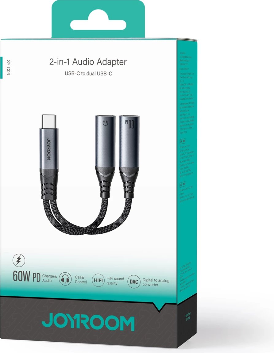 Adapter USB-C në 2x USB-C Joyroom SY-C03, DAC, 60W, i zi Adapter USB-C në 2x USB-C Joyroom SY-C03, DAC, 60W, i zi