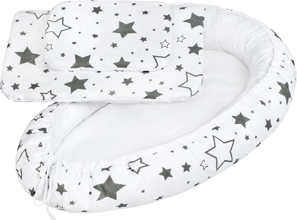 Foleshë për bebe New Baby Stars 0-3 muaj, pambuk, fibrë anti-alergjike, gri, set me batanije e jastëk