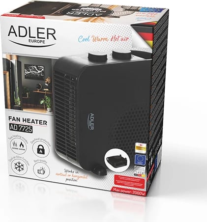 Ngrohës me ventilator, Adler AD 7725, 2000W, 2 nivele, termostat, pozicion vertikal/horizontal, e zezë