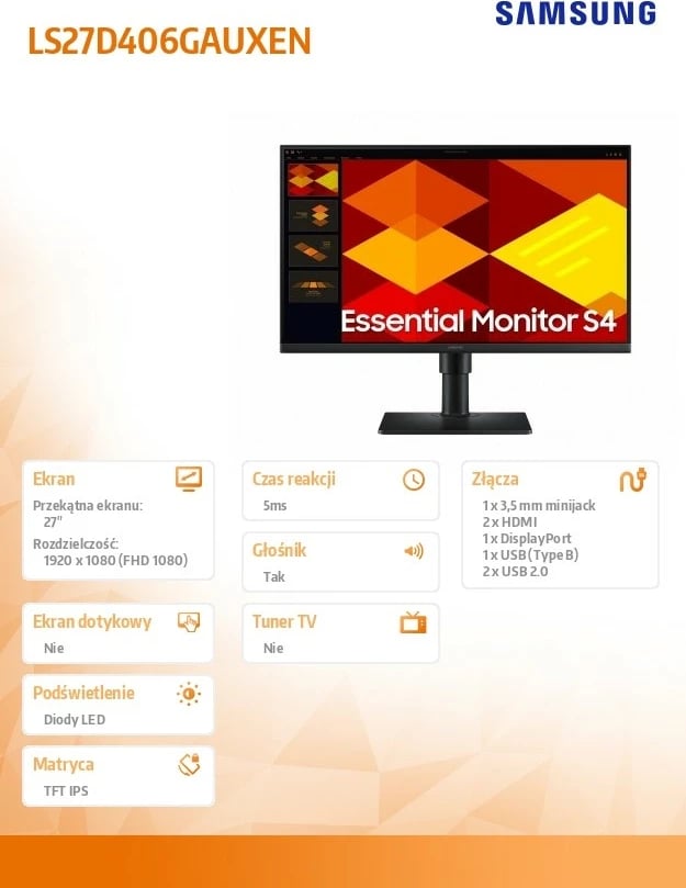 Monitor Samsung LS27D406GAUXEN, 27", IPS, FHD, 100Hz, i zi Monitor Samsung LS27D406GAUXEN, 27", IPS, FHD, 100Hz, i zi