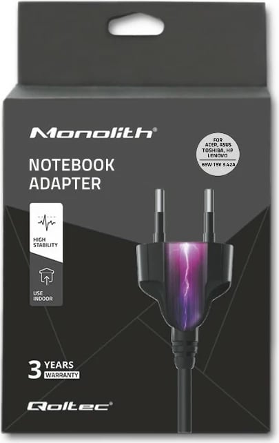Adapter rryme për laptop Qoltec 50068.65W, 65W, 19V, 3.42A, 5.5x2.5mm, i zi