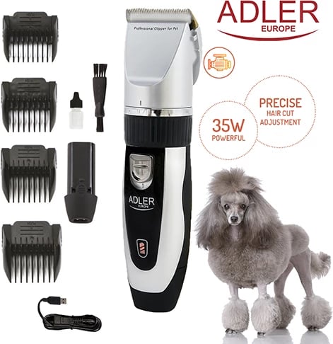 Makinë qethëse për kafshë, Adler AD 2823, 35W, kokë titan me teh qeramike, me ose pa kabllo, 4 krehra 3–12 mm, karikim USB, set me bateri rezervë Makinë qethëse për kafshë, Adler AD 2823, 35W, kokë titan me teh qeramike, me ose pa kabllo, 4 krehra 3–12 mm, karikim USB, set me bateri rezervë