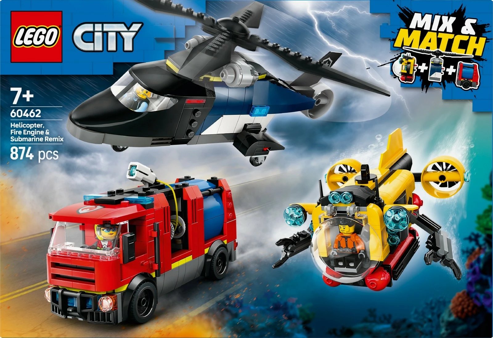 Set ndërtimi LEGO City 60462 me helikopter, kamion zjarrfikës dhe nëndetëse, 874 pjesë