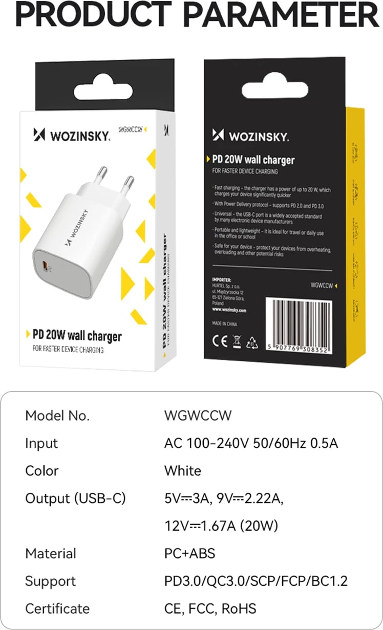 Karikues muri Wozinsky WGWCCW, 20W, USB-C, i bardhë Karikues muri Wozinsky WGWCCW, 20W, USB-C, i bardhë