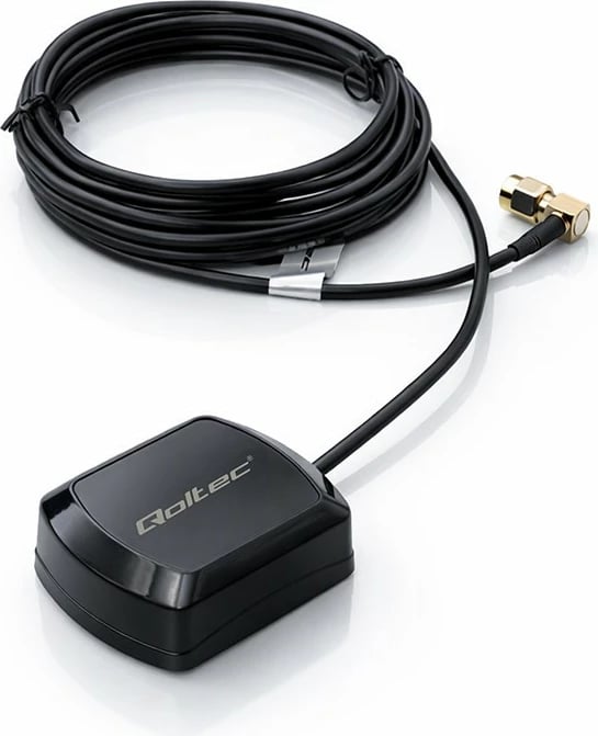 Antenë GPS/GLONASS omnidireksionale Qoltec 57057, 28 dBi, RHCP, bazë magnetike, SMA këndor, 50Ω, jashtë, e zezë