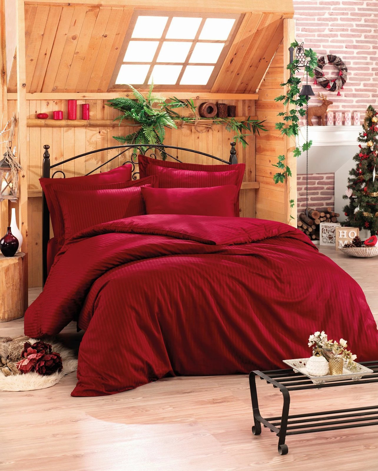 Set mbulesë jorgani njëpersonëshe satin, ngjyrë e kuqe Claret, L'essentiel, v2, me vija