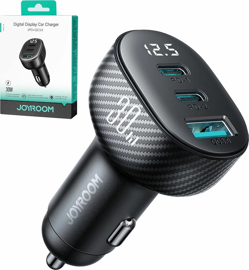Karikues veture Joyroom JR-CCD04, 30W, 2x USB-C, USB-A, me ekran, i zi