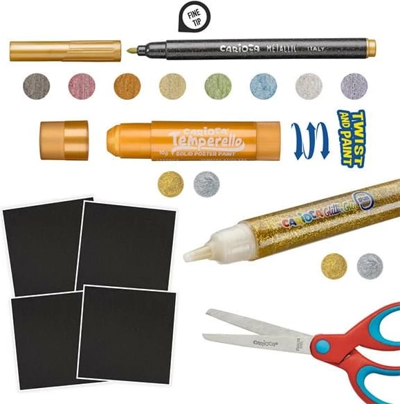 Set krijues Carioca për kartolina pop-up, 8 markerë metalikë, 2 temperello, 2 ngjitës me shkëlqim, Gërshërë, Kartonë të zi