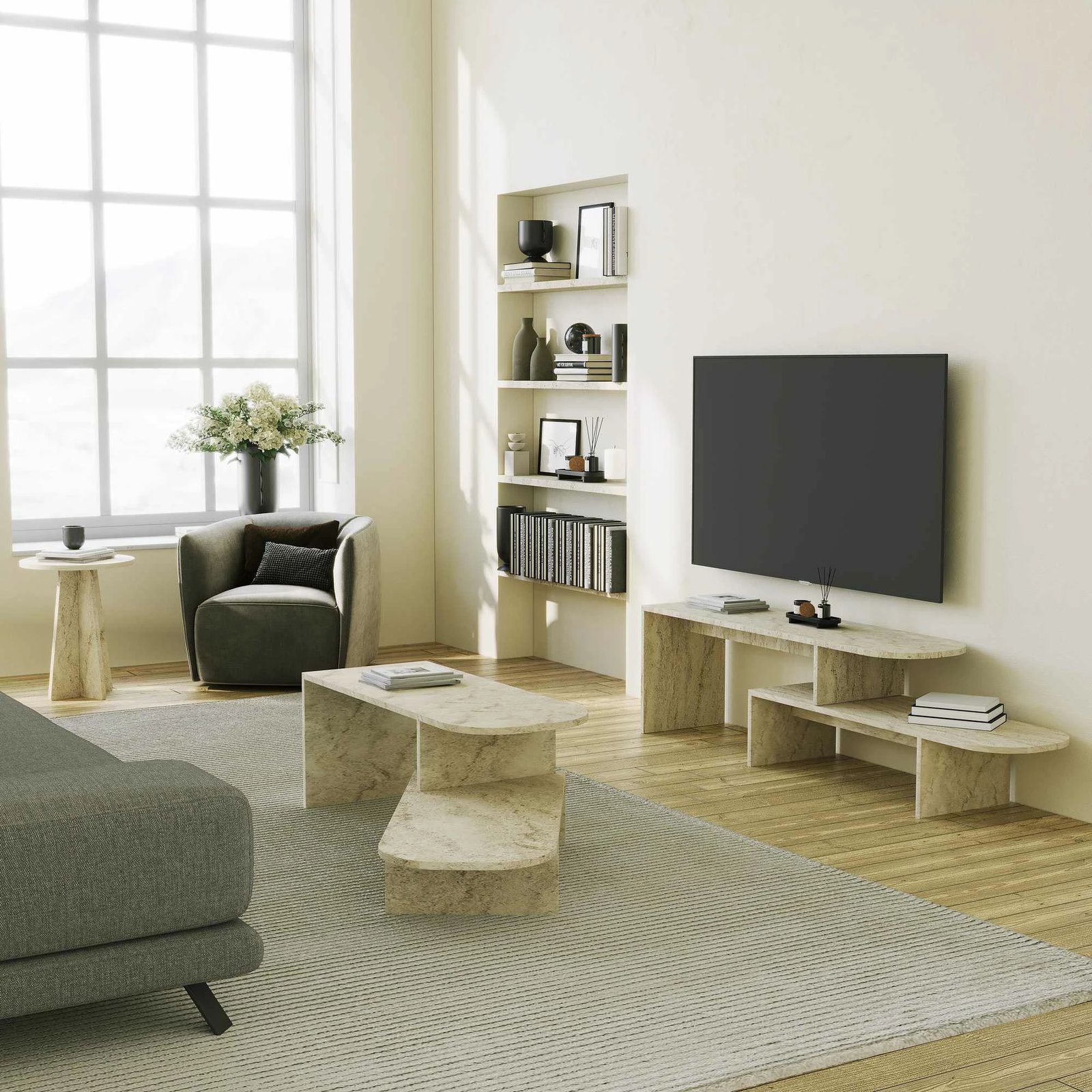 Komodë TV Skye Decor, Puzzle, ngjyrë travertine