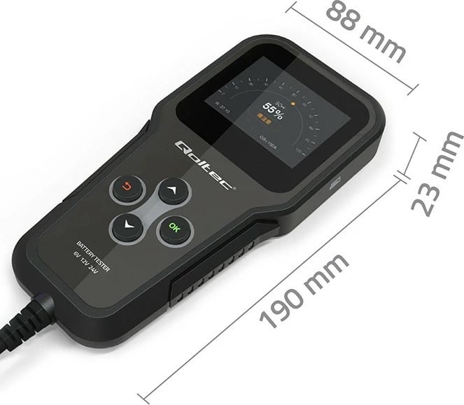 Tester baterie Qoltec 3-në-1, model 52489, LCD, 6V/12V/24V, i zi, me etui