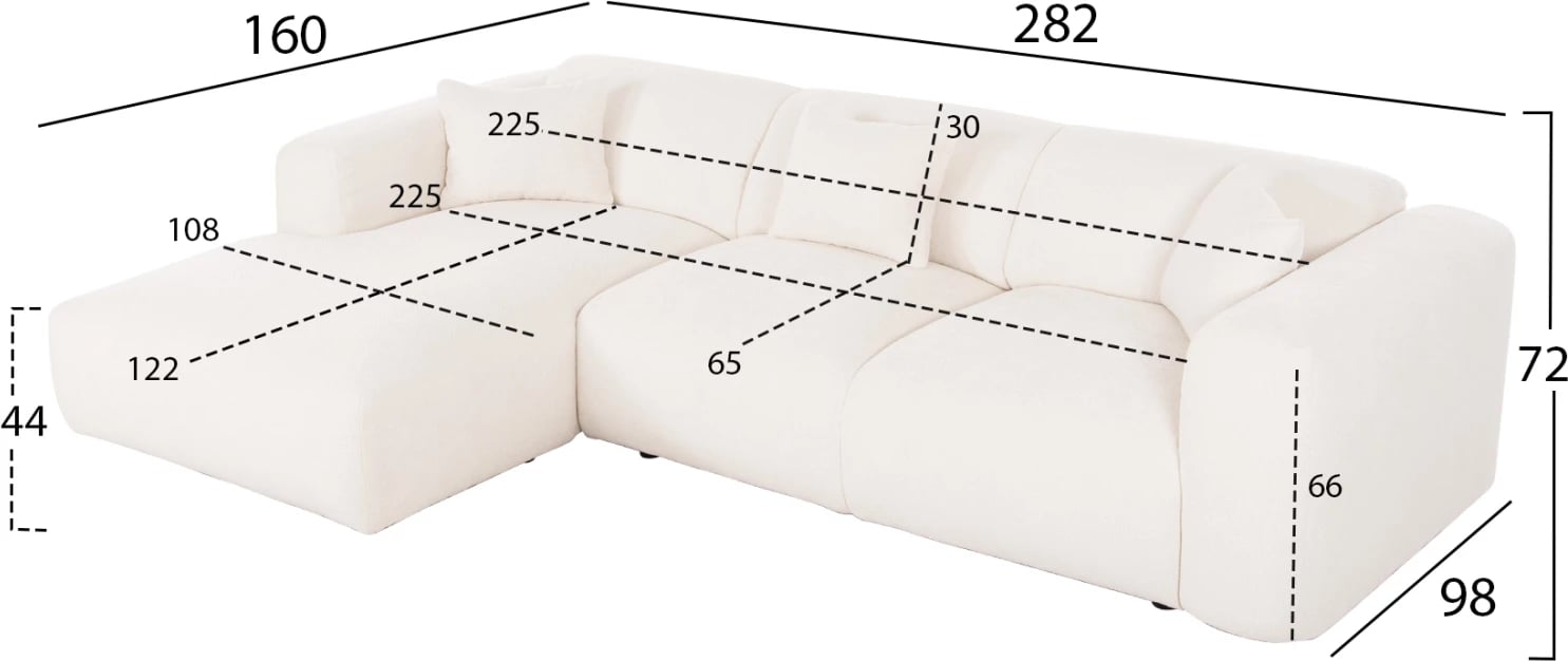 Këndi i divanit BRICKEN FH3275.02L, pëlhurë e bardhë, 110-282x98-160x72H cm