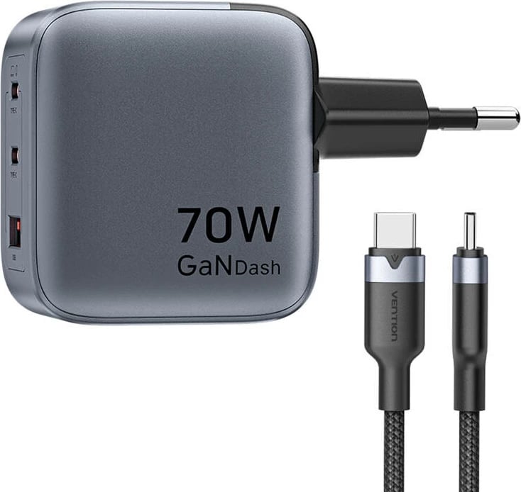 Karikues GaN Vention 70W me 2x USB-C + 1x USB-A dhe kabllo USB-C në USB-C 1m, Gri