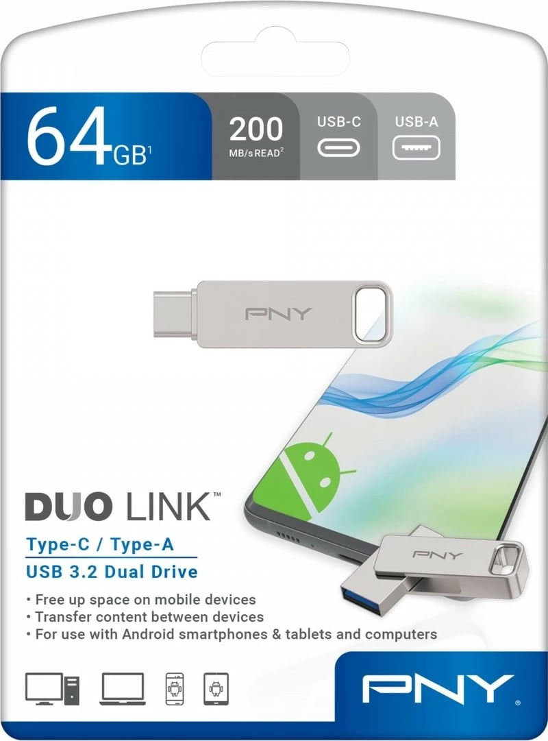 Pendrive PNY DUO LINK 64GB, USB 3.2, Type-C/Type-A, Argjend