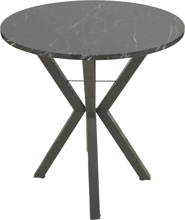 Tavolinë e rrumbullakët, efekt mermeri i zi, këmbë metalike të zeza, Φ70x72cm