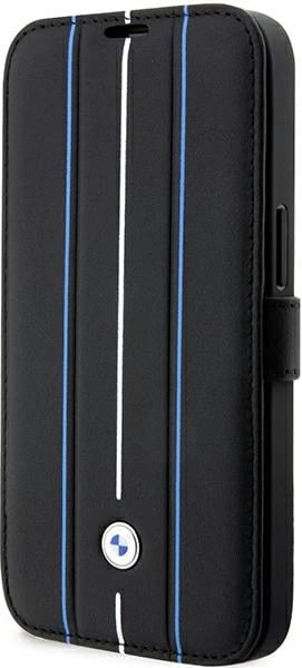 Mbështjellës BMW Leather Stamp Blue Lines për iPhone 14 Pro Max, 6.7", i zi, bookcase