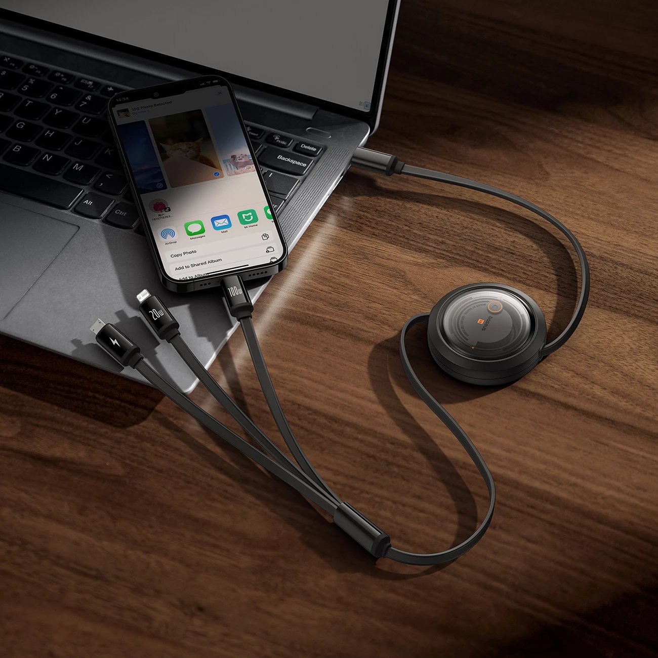Kabllo tërheqëse Baseus Free2Draw CB000084, 1.1m, USB-C/Lightning/micro USB, 100W, e zezë Kabllo tërheqëse Baseus Free2Draw CB000084, 1.1m, USB-C/Lightning/micro USB, 100W, e zezë