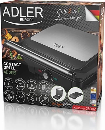 Grill elektrik, Adler, AD 3051, 180° tavoline, 29x24 cm, 2800W, pllaka jo-ngjitëse, i zi