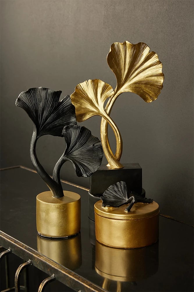 Kuti dekorative për ruajtje, model gjethe, ngjyrë ari e zezë, 11x11x10cm