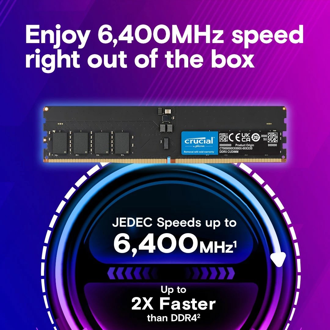 RAM Memorje Crucial DDR5, 16GB, 6400 MHz, CL52, CT16G64C52CU5, e zezë