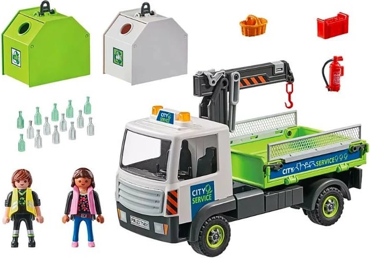 Set lodrash Playmobil City Action 71431, kamion me vinç dhe kontejnerë qelqi, 62 pjesë