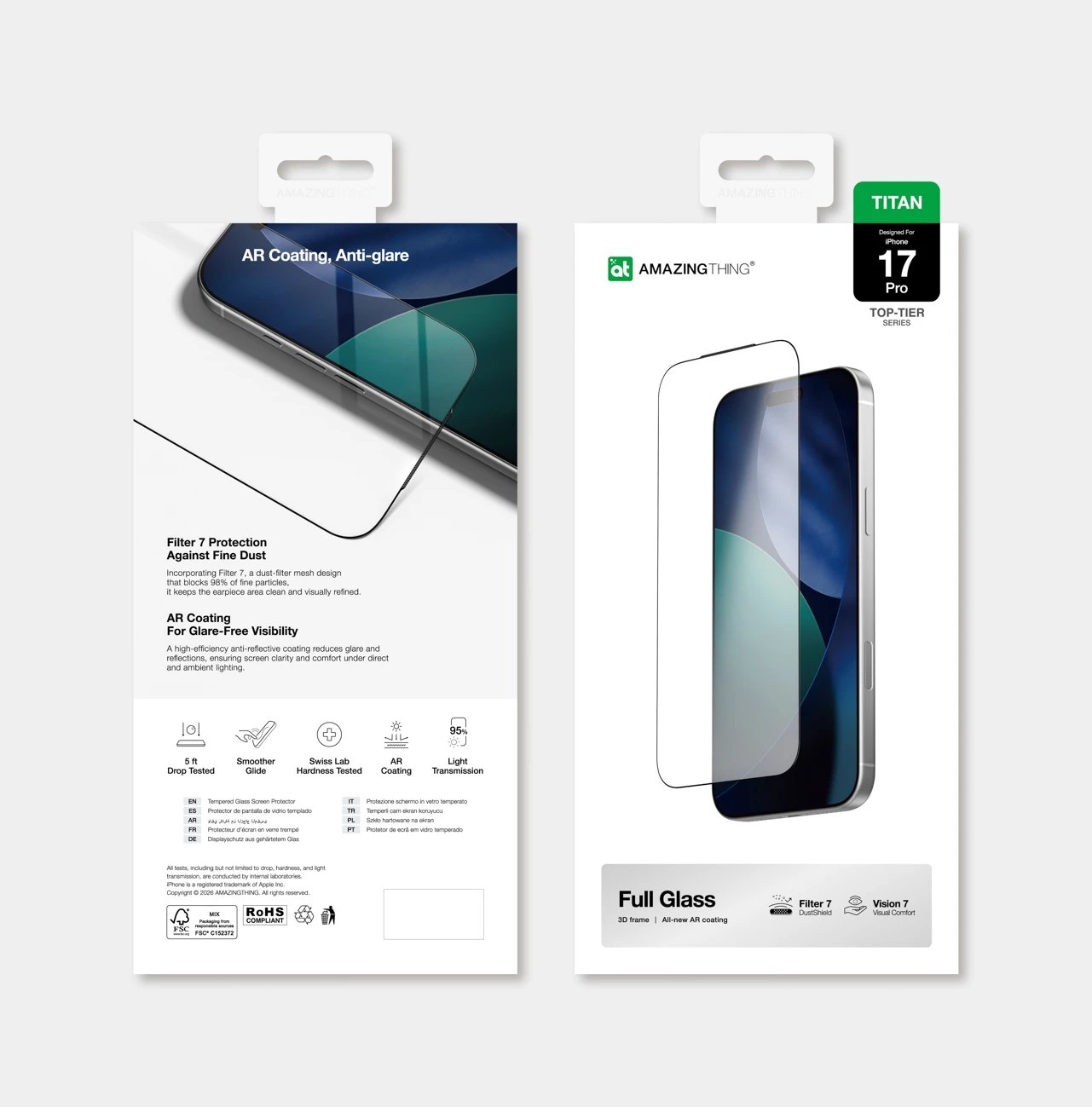 Mbrojtës ekrani xham i kalitur, AmazingThing, Titan Vision 7 Full Glass, për iPhone 17 Pro, anti-refleks, 5-shtresor