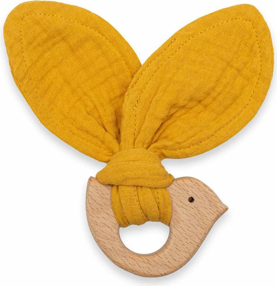 Teether, New Baby, Bird, 12x10 cm, dru fagu & muslin pambuku, ngjyrë mustard