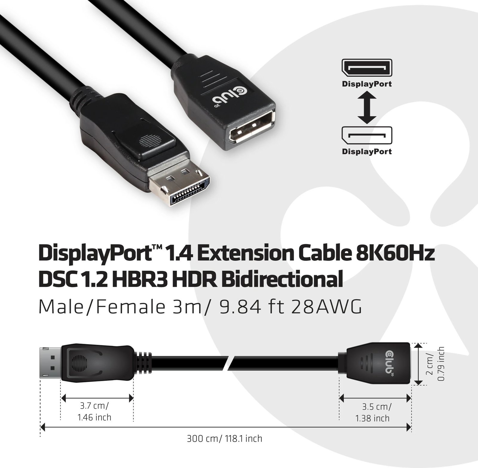 Kabllo DisplayPort Club3D 1.4, 3m, 8K60Hz, zgjatje, e zezë