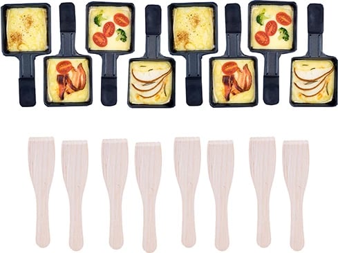 Grill elektrik raclette, Adler AD 6616, 1400W, pjatë 42x23cm, dyanshe jo-ngjitëse, 8 tiganë + 8 shpatulla druri, e zezë