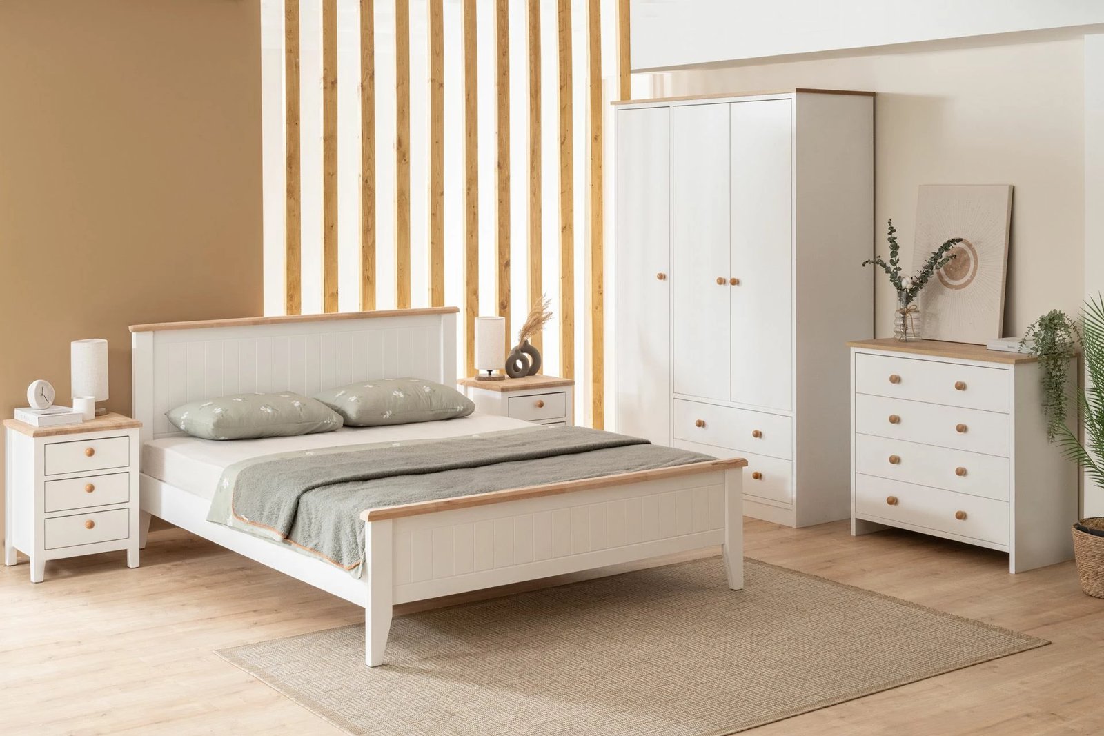 Krevat dopio Skye Decor, stil modern country, 160x200 cm, bardhë dhe lis