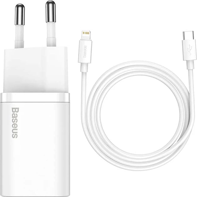 Karikues i shpejtë Baseus Super Si Quick Charger 1C, 20W, me kabllo USB-C në Lightning 1m, Bardhë