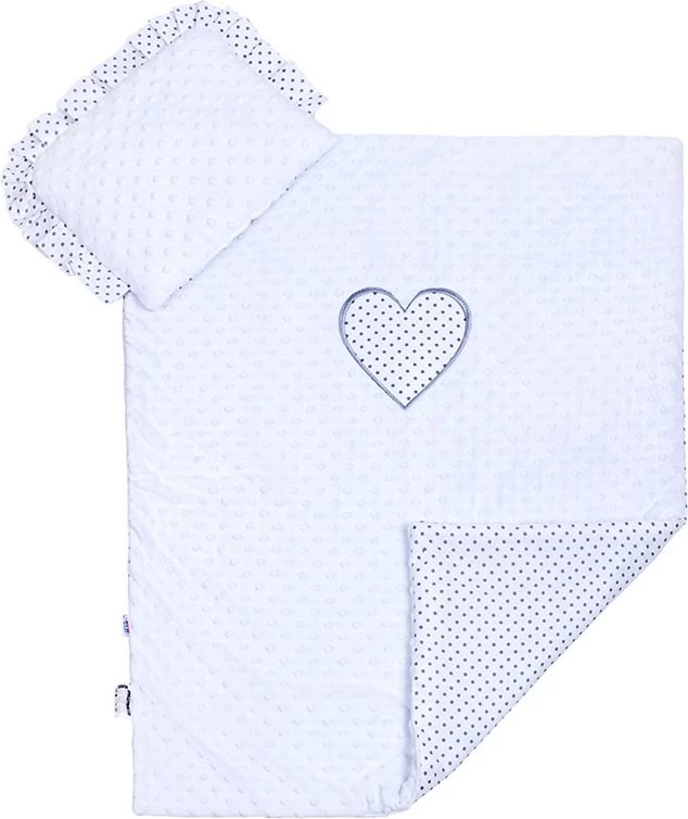 set karroce bebe, NEW BABY, Minky dykahësh, jastëk + batanije 82x68 cm, mbushje anti-alergjike, e bardhë