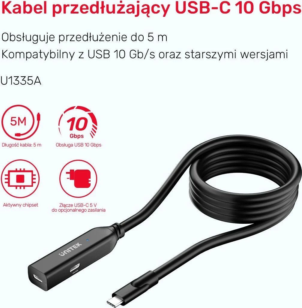 Kabllo zgjatëse USB-C Unitek 5m 10Gbps e zezë