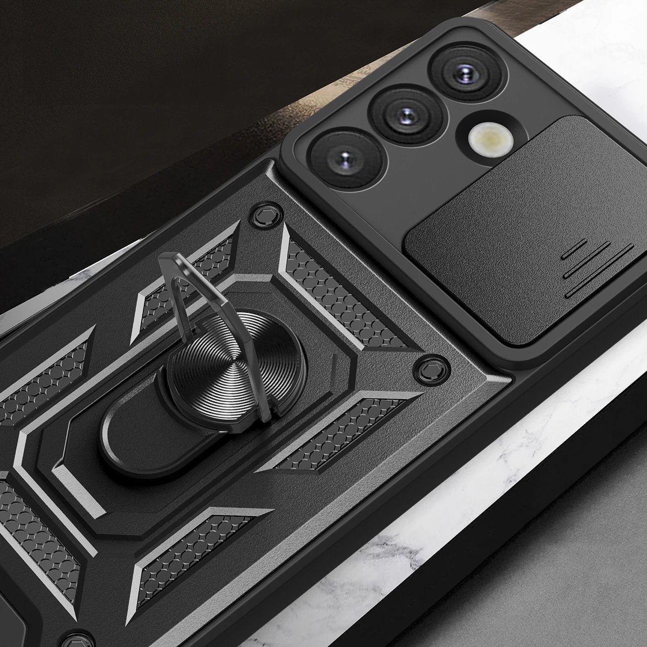 Mbështjellës Hurtel Hybrid Armor Camshield me kapak kamere dhe unazë metalike për Samsung Galaxy S25, Zi