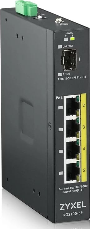 Switch Zyxel RGS100-5P, 4 porte Gigabit PoE+, portë SFP, industrial, i zi