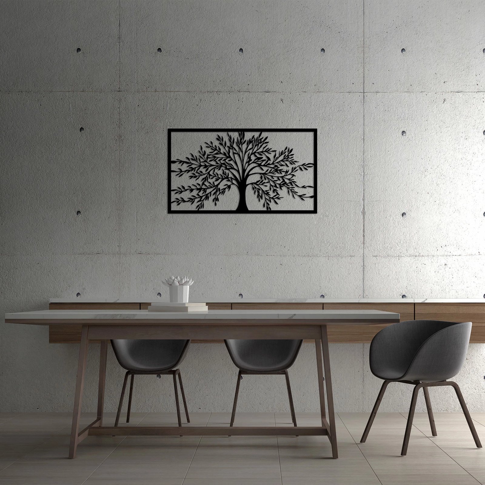 Aksesor dekorativ metalik për mur, pemë monumentale, Wallity, ngjyrë e zezë, 40x70cm