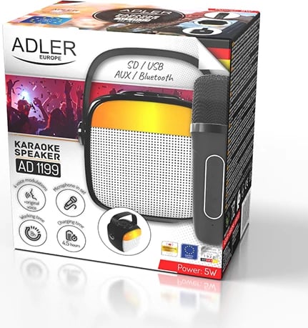 Altoparlant karaoke, Adler AD 1199, Bluetooth 5.1, SD/USB/AUX, 8 orë bateri, mikrofon set, i zi