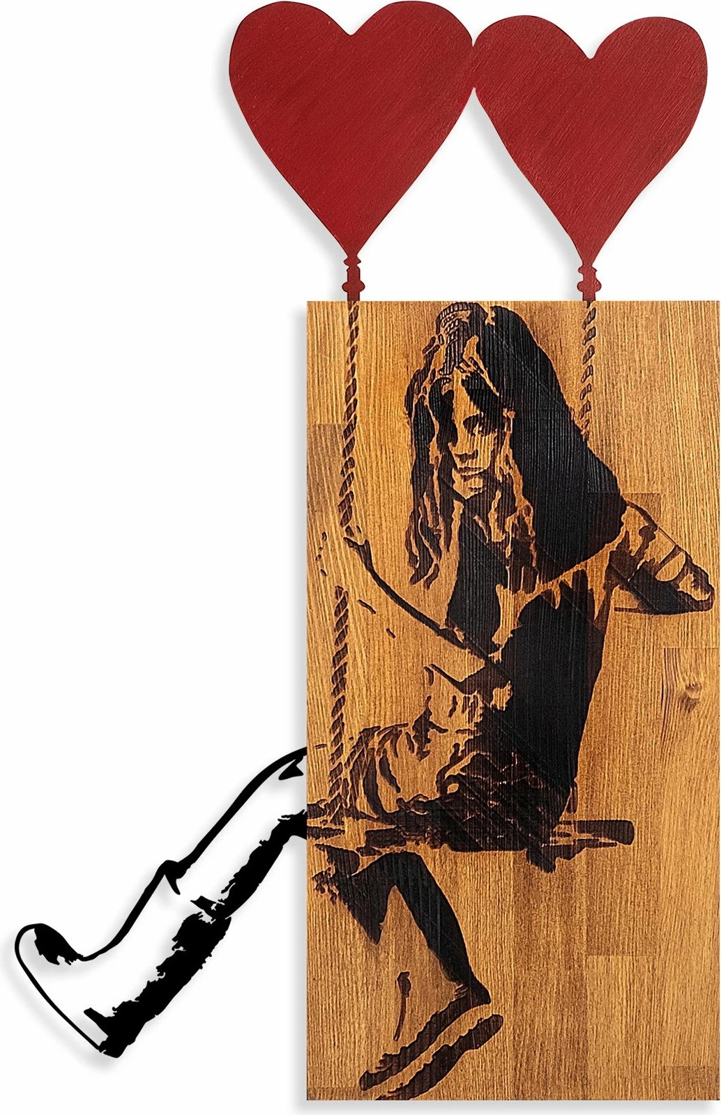 Aksesor dekorativ prej druri për mur, Wallity Banksy, ngjyrë arre dhe e zezë, 50x80cm