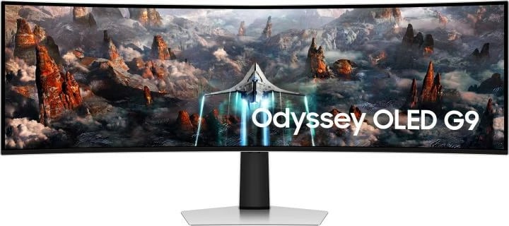 Monitor OLED gaming, Samsung, Odyssey G9 G93SC LS49CG934SUXEN, 49" super ultrawide 32:9 i lakuar, 240Hz 0.03ms, G‑Sync compatible, HDMI 2.1/DisplayPort/USB hub, altoparlantë të integruar, e zezë dhe argjendtë