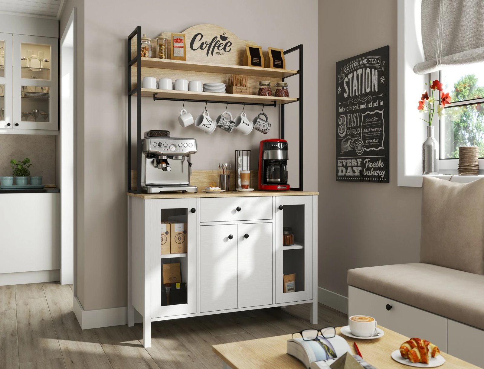 Dollap për kafe, ngjyrë druri dhe e bardhë, FRN-20075